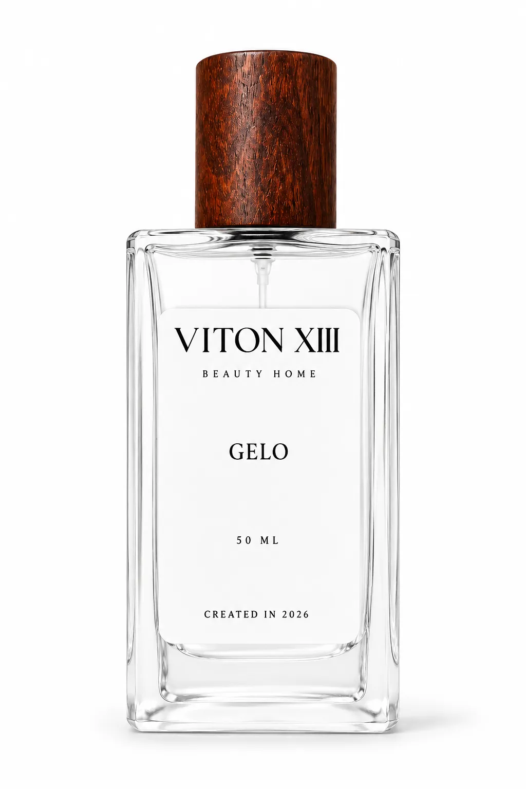 Созданный ИИ продуктовый визуал флакона VITON XIII GELO: прозрачное прямоугольное стекло, крышка с текстурой дерева и белая этикетка с надписями VITON XIII, BEAUTY HOME, GELO, 50 ML.