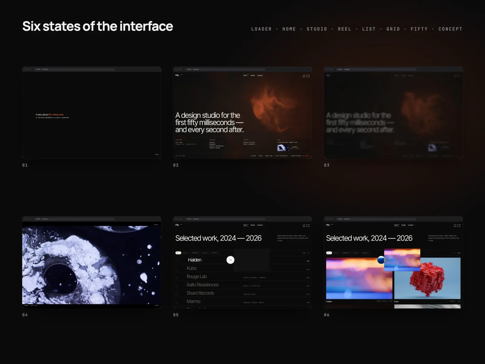 Six states of the FIFTY interface on near-black: the intro loader counting to 50 ms, the home screen over the ember WebGL background, the studio panel slid in from the right, the full-screen showreel player, the work index as a list with a video preview following the cursor, and the work index as a grid.