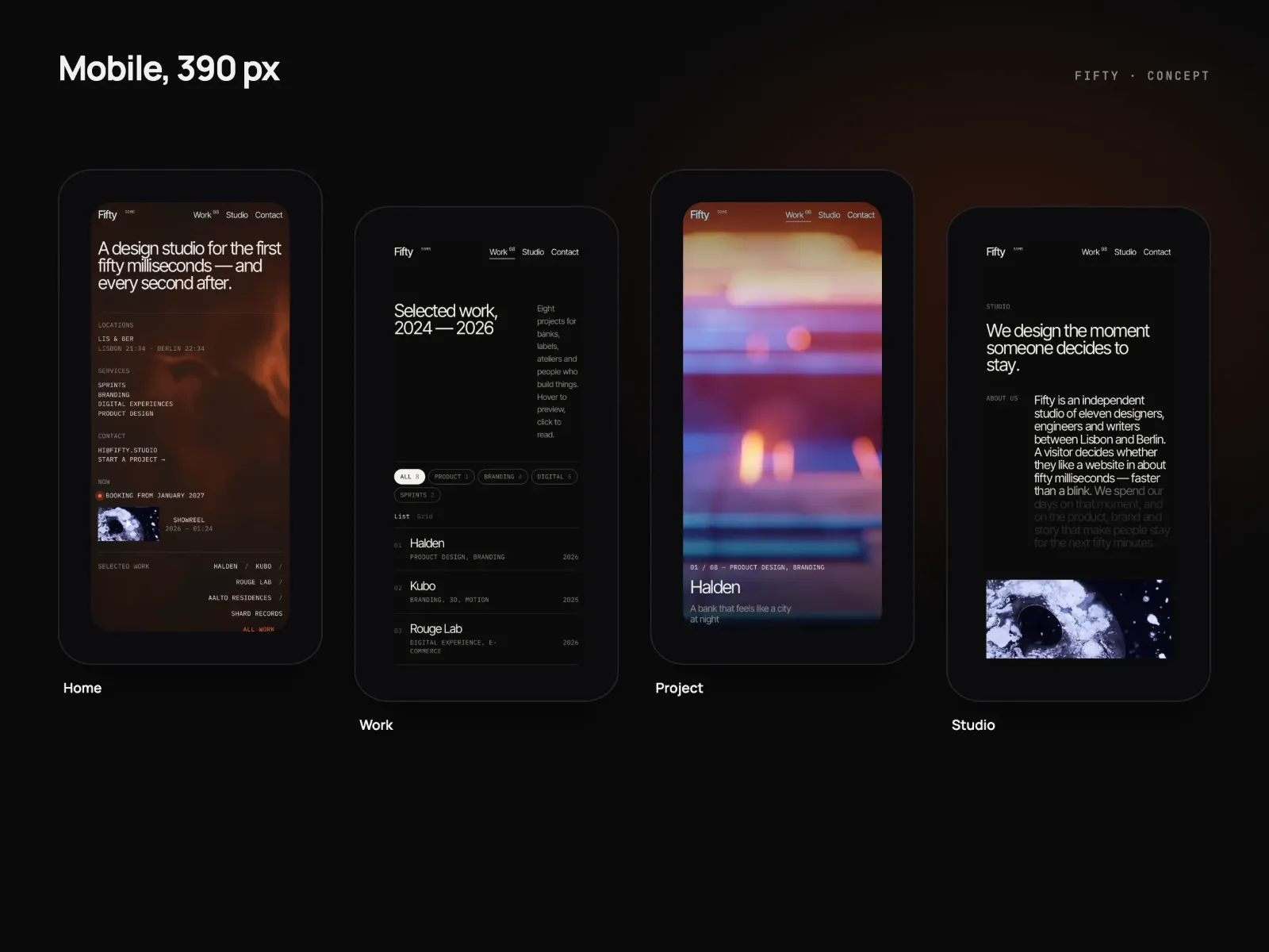 Four phone screens at 390 px: the FIFTY home page, the work index, a project page and the studio page, in white text on near-black with orange accents.