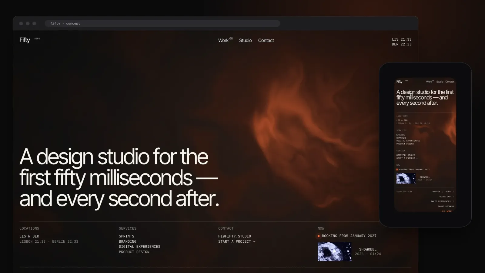 La portada de FIFTY en un navegador de escritorio con la versión móvil al lado, sobre un fondo casi negro con brillo naranja: el titular blanco «A design studio for the first fifty milliseconds — and every second after.» sobre una bruma naranja y los relojes de Lisboa y Berlín.