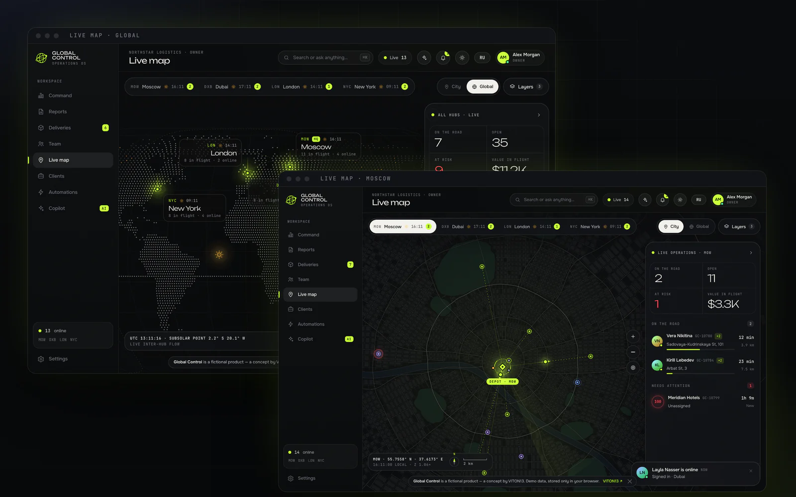 Two windows of the live map: behind, the global view, a dotted world map with glowing hubs in London, Moscow, Dubai and New York, their local times and orders in flight; in front, the Moscow city view, a procedural street map around the depot with couriers on their routes, a live operations panel and the notification “Layla Nasser is online”.