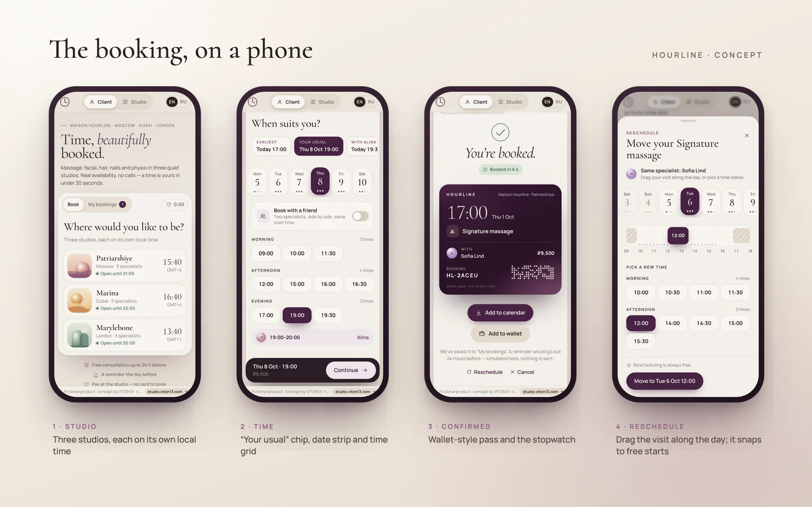 Four numbered phone screens on a cream background: the choice of three studios with their local times and opening hours; the time step with the “Your usual” chip, a date strip and a time grid; the confirmation “You’re booked.” with “Booked in 6 s” and a dark aubergine pass; and the reschedule sheet with the visit dragged along the specialist’s day to 12:00.