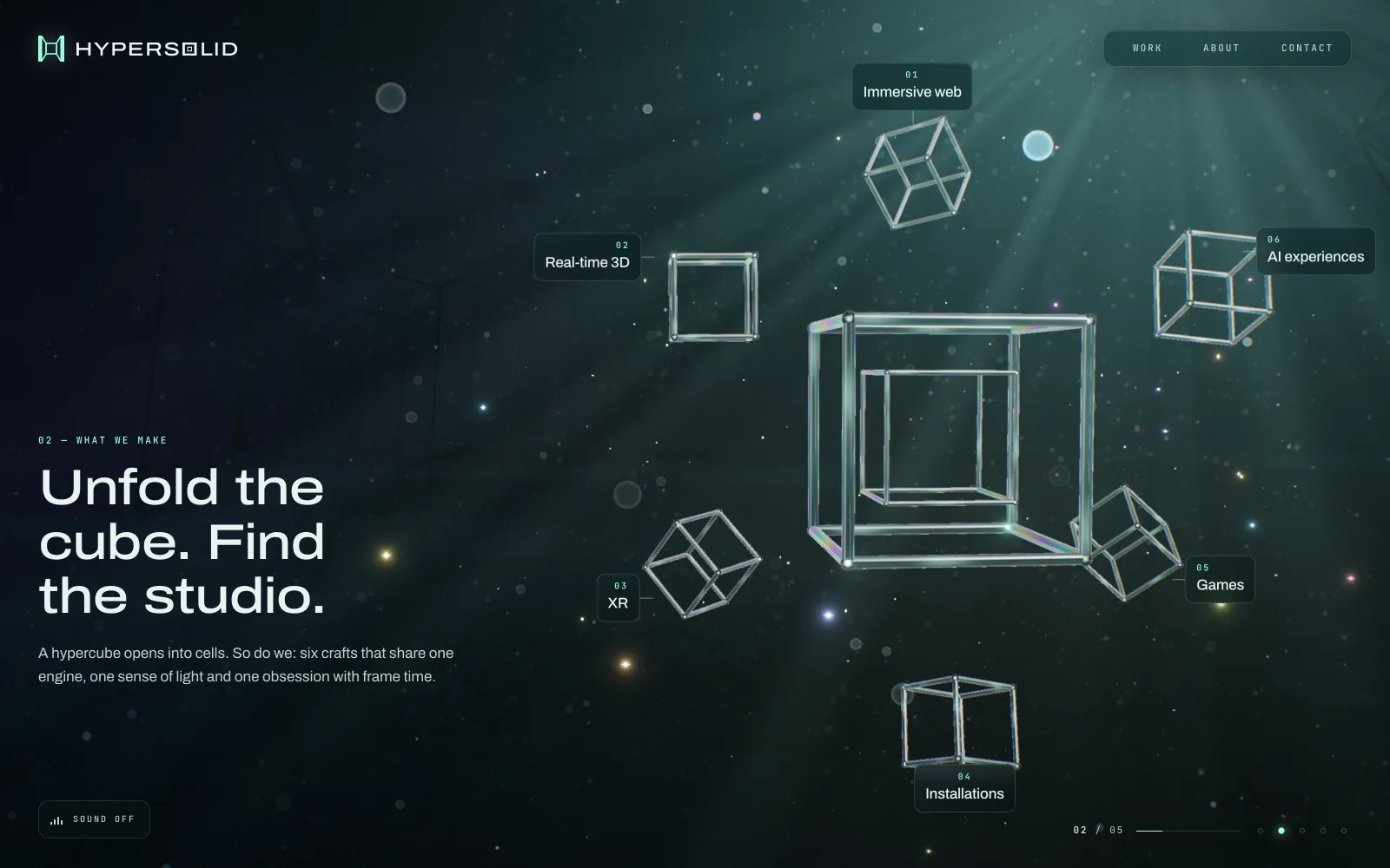 The second chapter, “Unfold the cube. Find the studio.”: the tesseract opened into its central cell with six smaller glass cubes around it, labelled Immersive web, Real-time 3D, XR, Installations, Games and AI experiences.