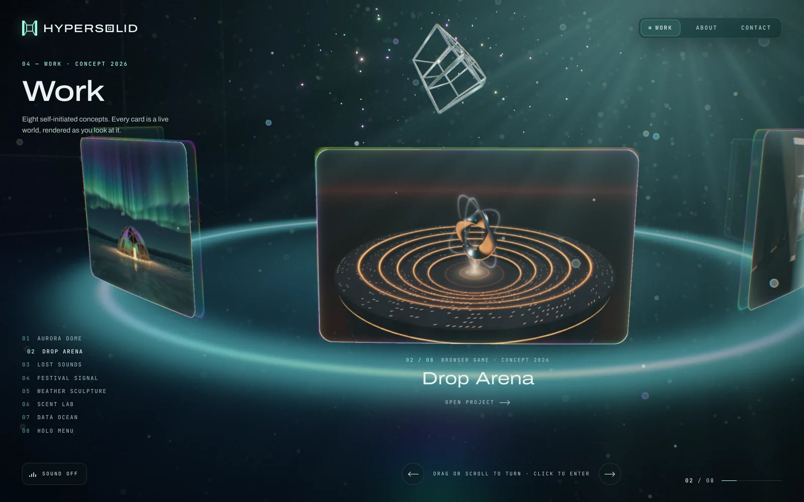 The work gallery: glass cards on a glowing ring in space. The front card shows Drop Arena, concentric rings of orange light under a floating, orbiting object; the Aurora Dome card is to the left, next to a list of all eight projects.