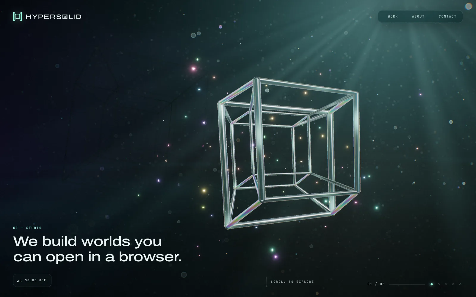 The HYPERSOLID home page: a glass tesseract with iridescent edges floats right of centre in teal haze and drifting particles, with light shafts from the top right and the headline “We build worlds you can open in a browser.” at the bottom left.
