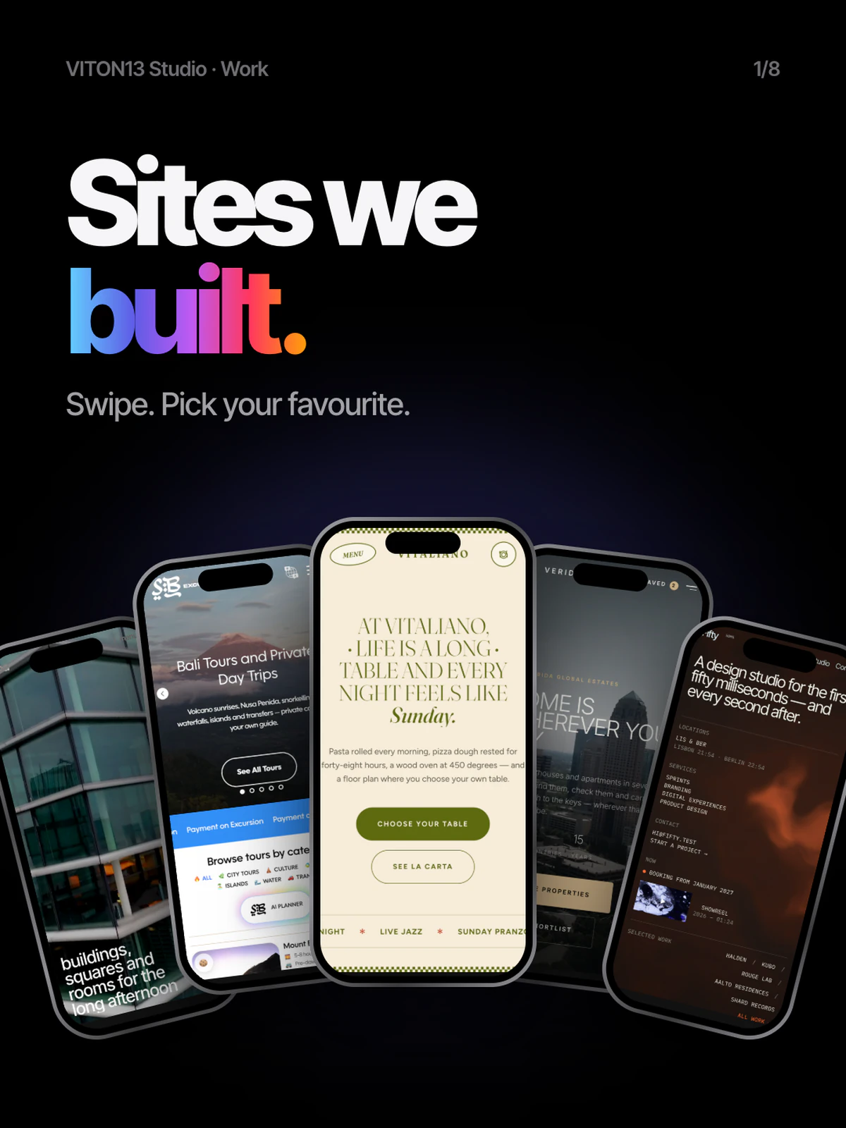 Diapositiva oscura «Sites we built. Swipe. Pick your favourite.» con cinco móviles en abanico que muestran Stoa, SB Excursions, Vitaliano, Verida y Fifty.