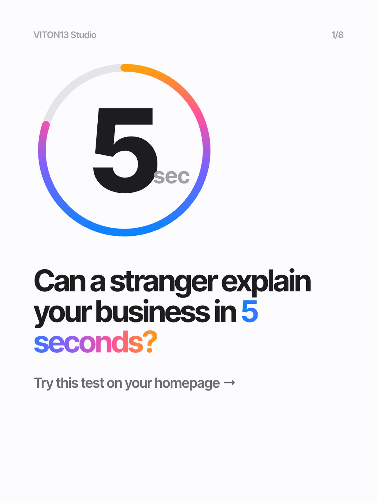 Diapositiva blanca: un gran «5 sec» dentro de un temporizador circular con degradado, sobre «Can a stranger explain your business in 5 seconds?».