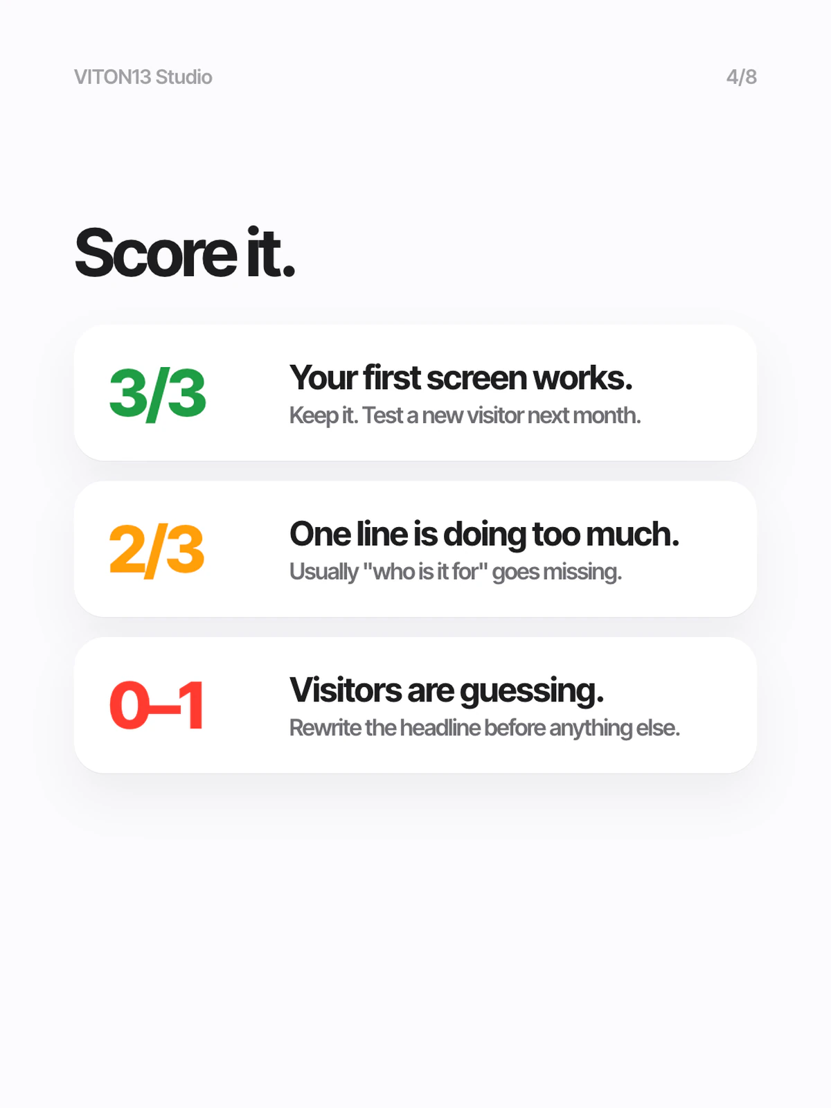 Diapositiva blanca «Score it.» con tres tarjetas: un 3/3 verde «Your first screen works», un 2/3 naranja «One line is doing too much» y un 0–1 rojo «Visitors are guessing».