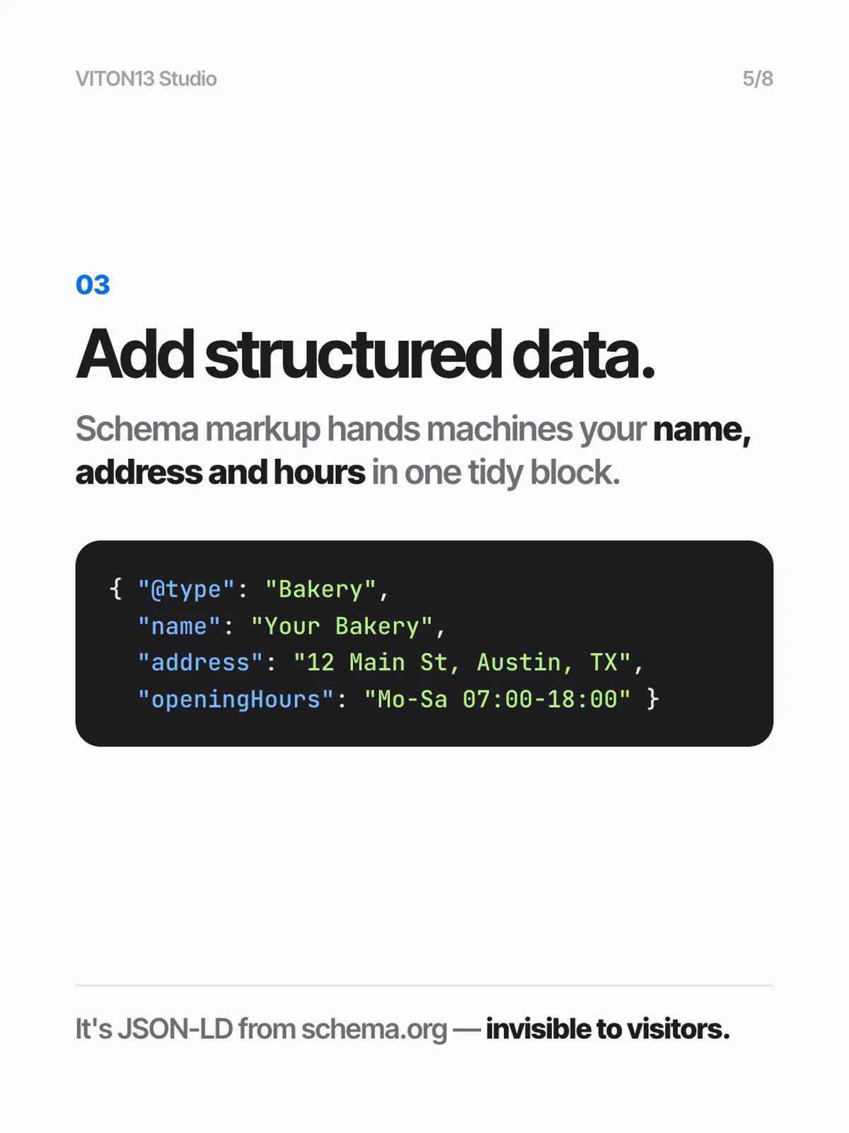 Diapositiva blanca «03 Add structured data.» con un bloque oscuro de código JSON-LD para «Your Bakery» en 12 Main St, Austin, TX, abierta de lunes a sábado de 07:00 a 18:00.