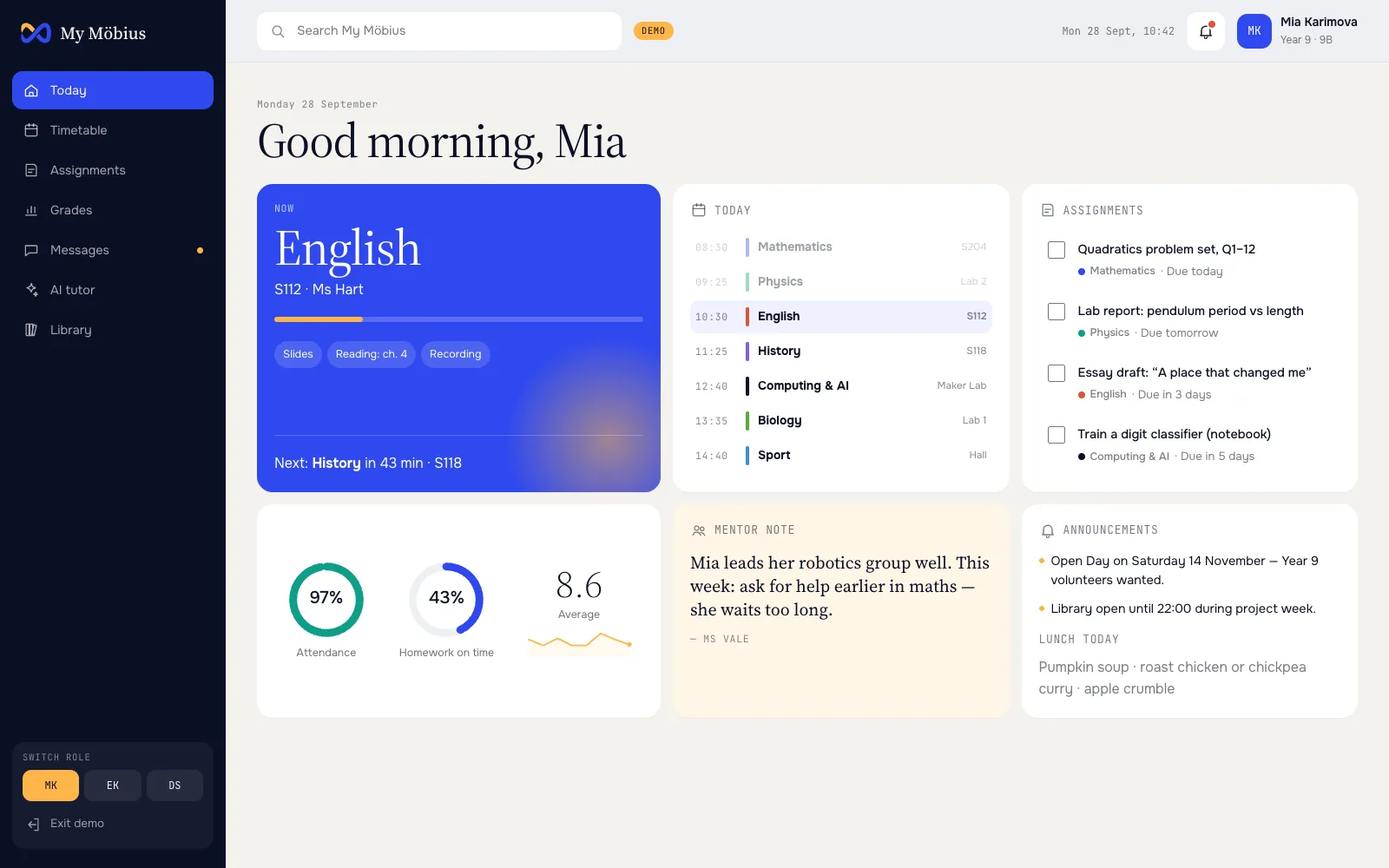 My Möbius for a student: the lesson happening now, today’s timetable, homework with checkboxes, attendance and homework rings and a mentor note.