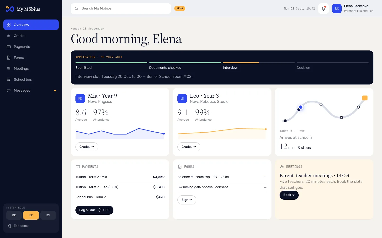 My Möbius for a parent: an application tracker, two children’s grades and attendance, a live school-bus route, invoices, consent forms and meetings.
