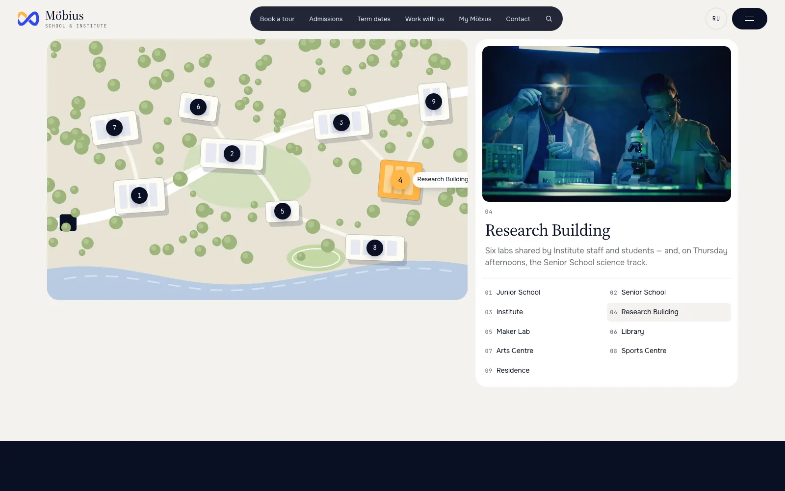 The campus page: an illustrated map with nine numbered buildings, the Research Building highlighted, its photo and description on the right.