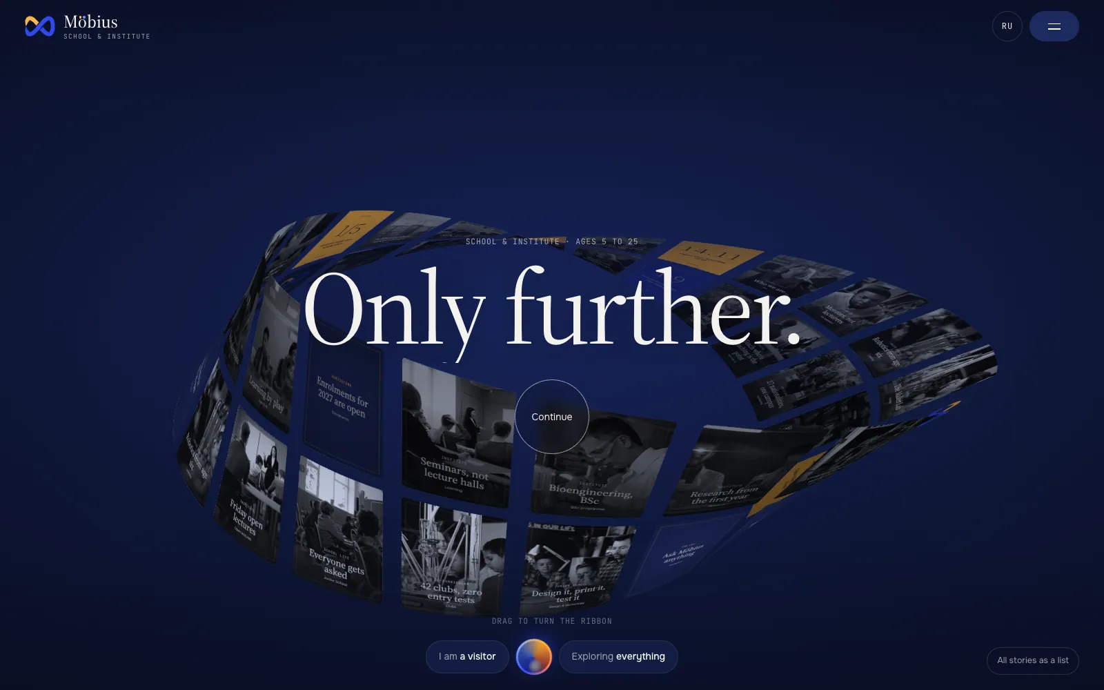 The Möbius home page: the headline “Only further.” over a twisted ribbon of black-and-white story cards on deep navy, a round Continue button and the “I am a visitor · Exploring everything” pickers below.
