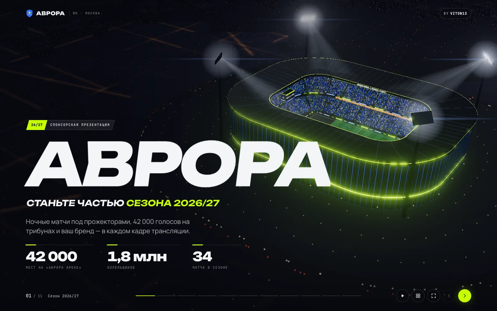 Cover of the Avrora sponsorship deck: the club name in huge white italic capitals beside a floodlit stadium with a lime roof ring.