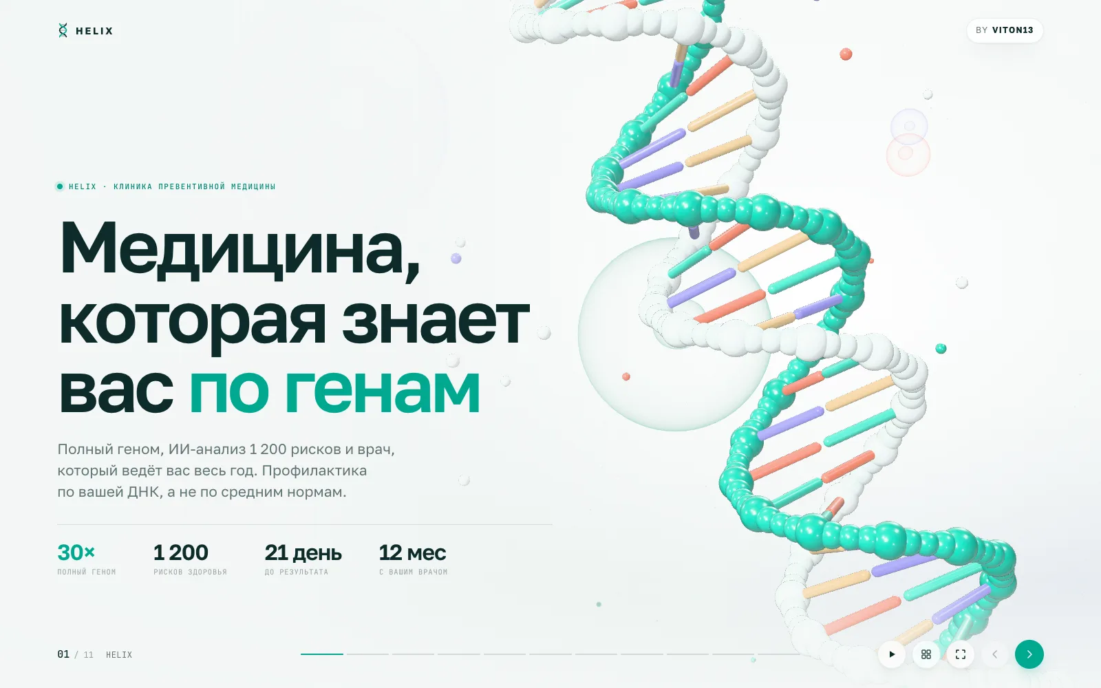 HELIX cover on a light background: the headline about medicine that knows you by your genes beside a glossy teal and pearl DNA helix.