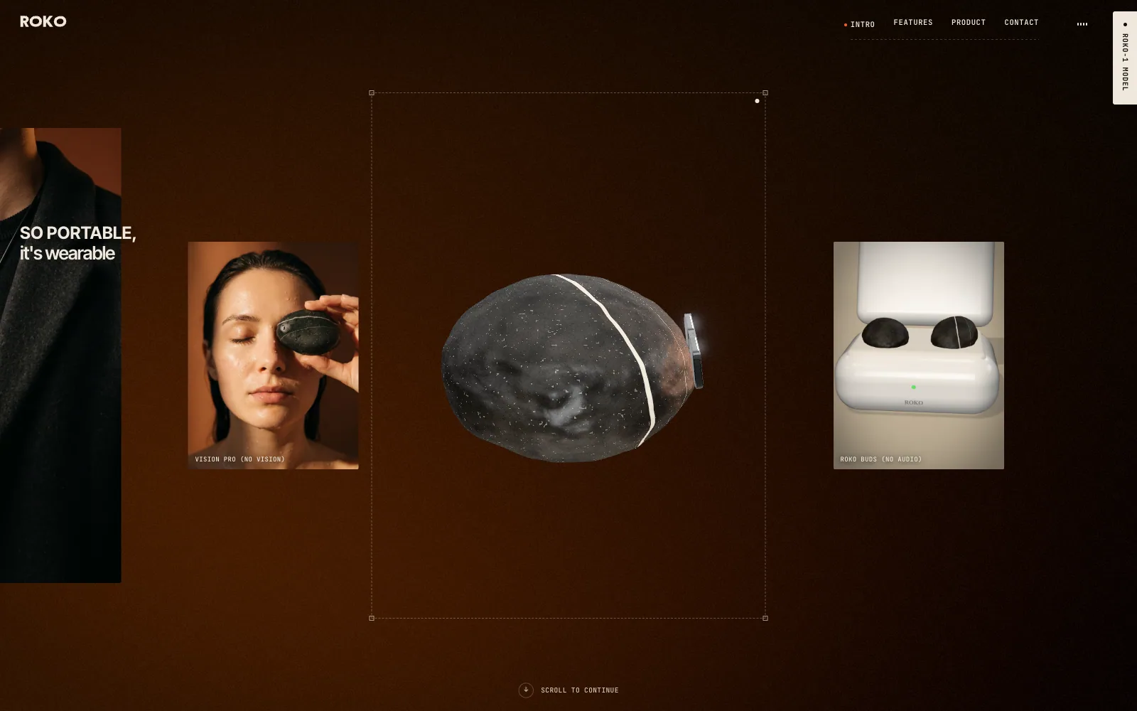 The wearable section: a portrait frame in the centre holds the live 3D pebble while a strip of photos slides behind it — a woman holding the pebble over one eye and two pebbles in a white earbud case.