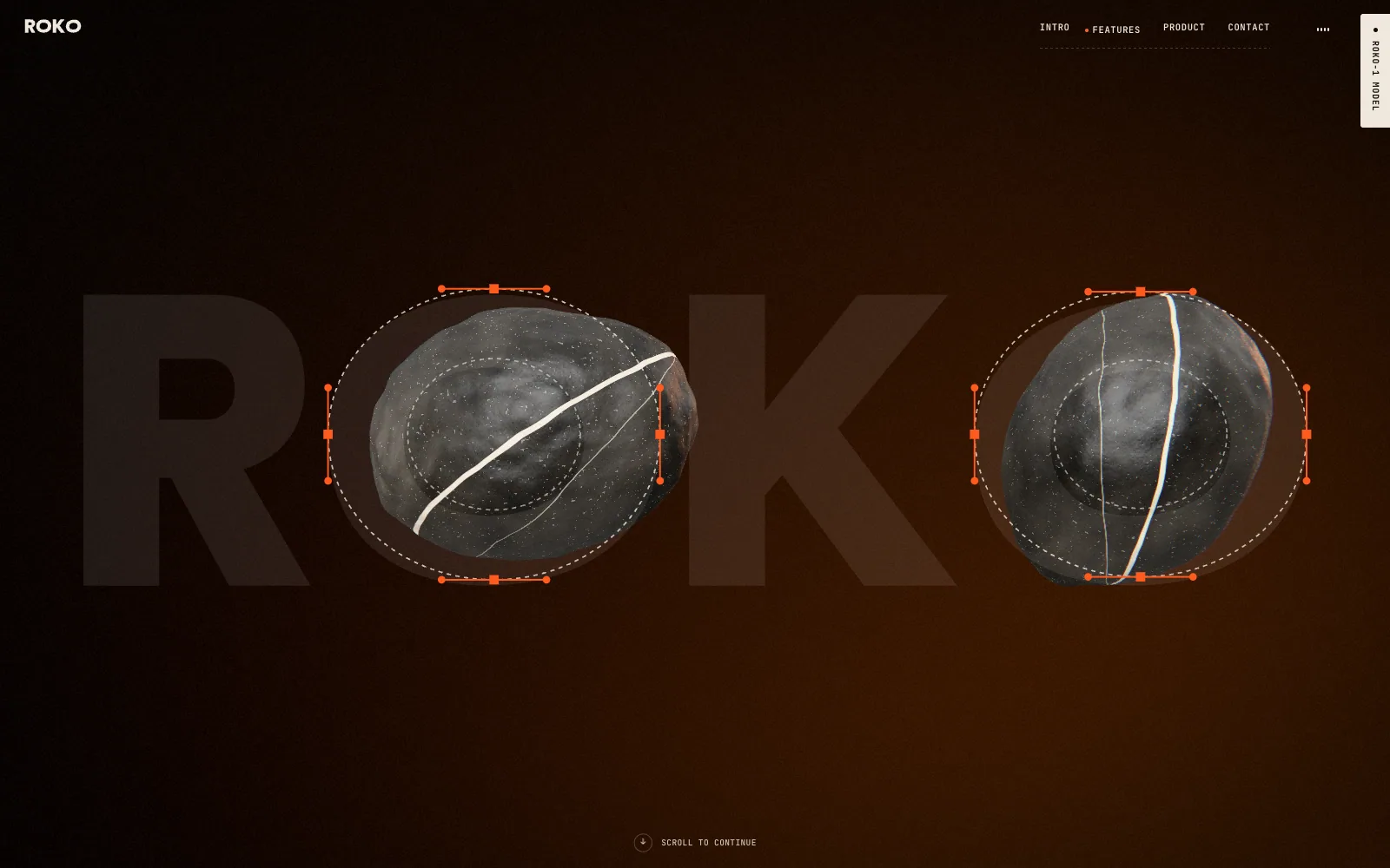 The end of the features section: the grey ROKO wordmark with two 3D pebbles set into its O’s, outlined with dashed ellipses and orange Bézier handles.
