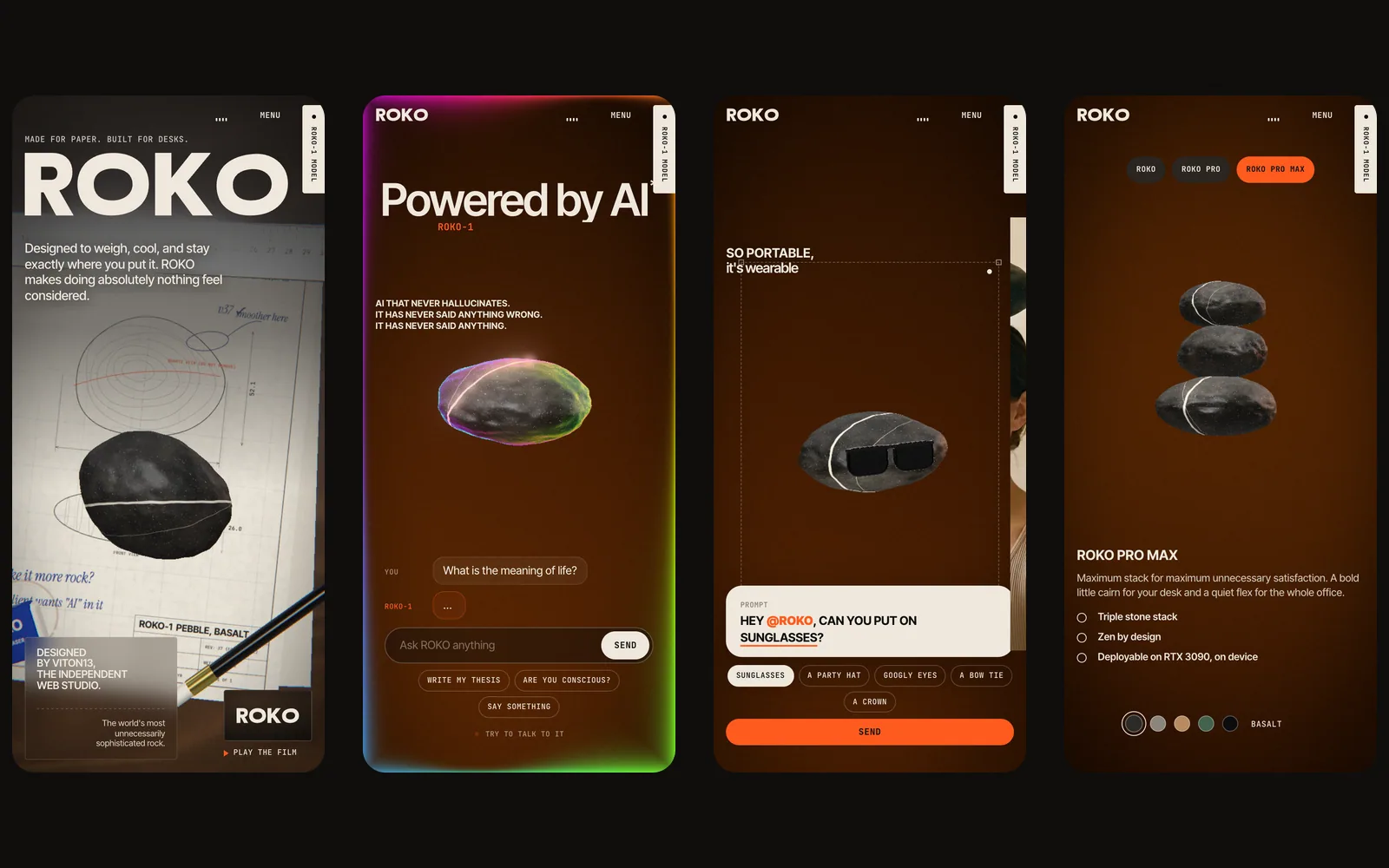 Four phone screens at 390 px on black: the desk hero, “Powered by AI” with the chat, the pebble in sunglasses with the prompt chips, and the ROKO Pro Max tier with a three-stone cairn.