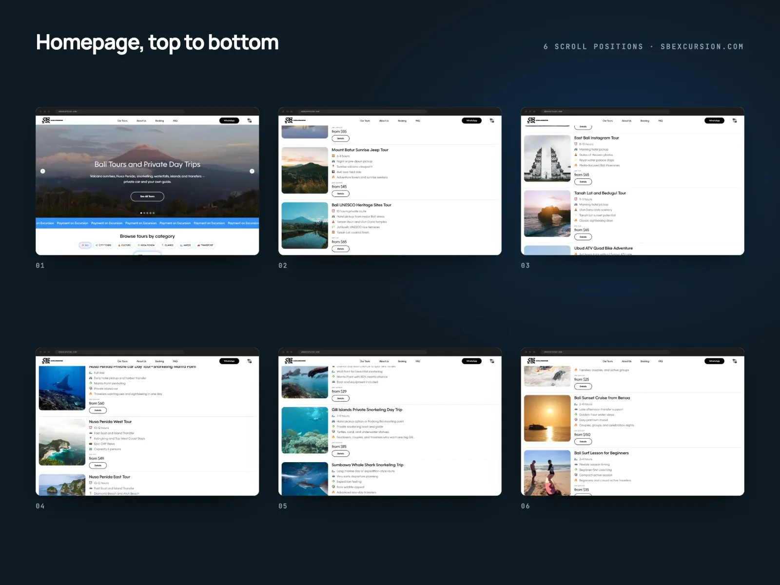 Six frames of the SB Excursions home page from top to bottom, from the volcano hero to the tour cards and the journal.