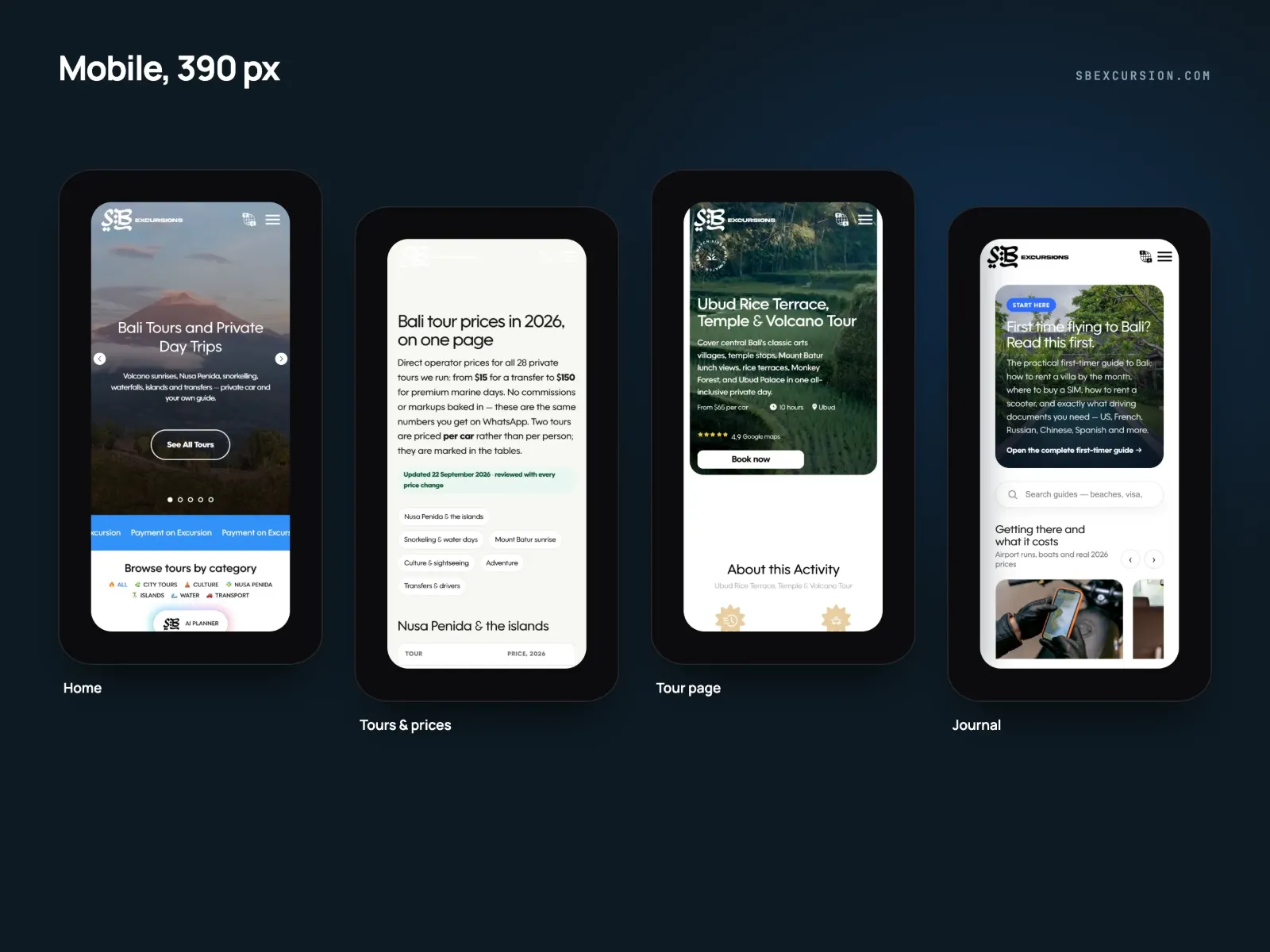 Four phone screens of SB Excursions at 390 pixels: the home page, tours and prices, a tour page and the journal.