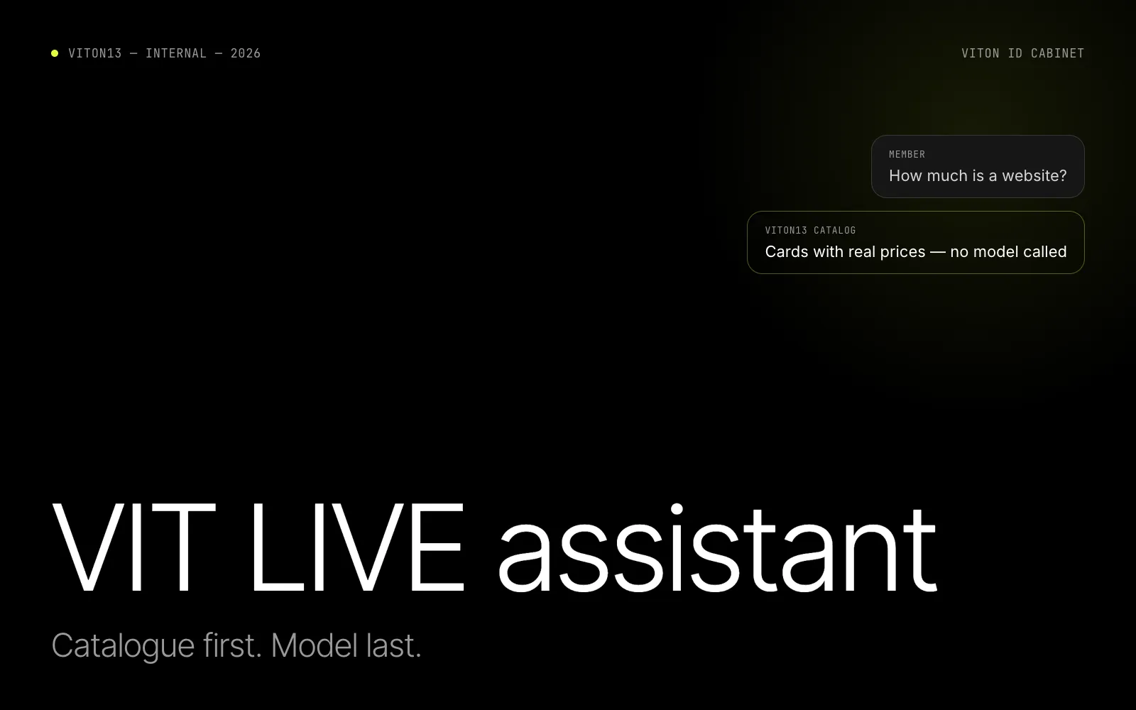 A typographic cover on black: the title VIT LIVE assistant in large thin type, the line Catalogue first. Model last., and two chat bubbles — a member asking how much a website is, and a catalogue reply promising cards with real prices and no model called.