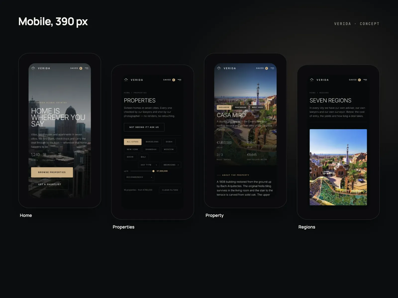 Four phone screens at 390 px on a dark background: the home page with the video hero, the catalogue with city filters, a property page with key figures and the regions page with a photo of Barcelona.
