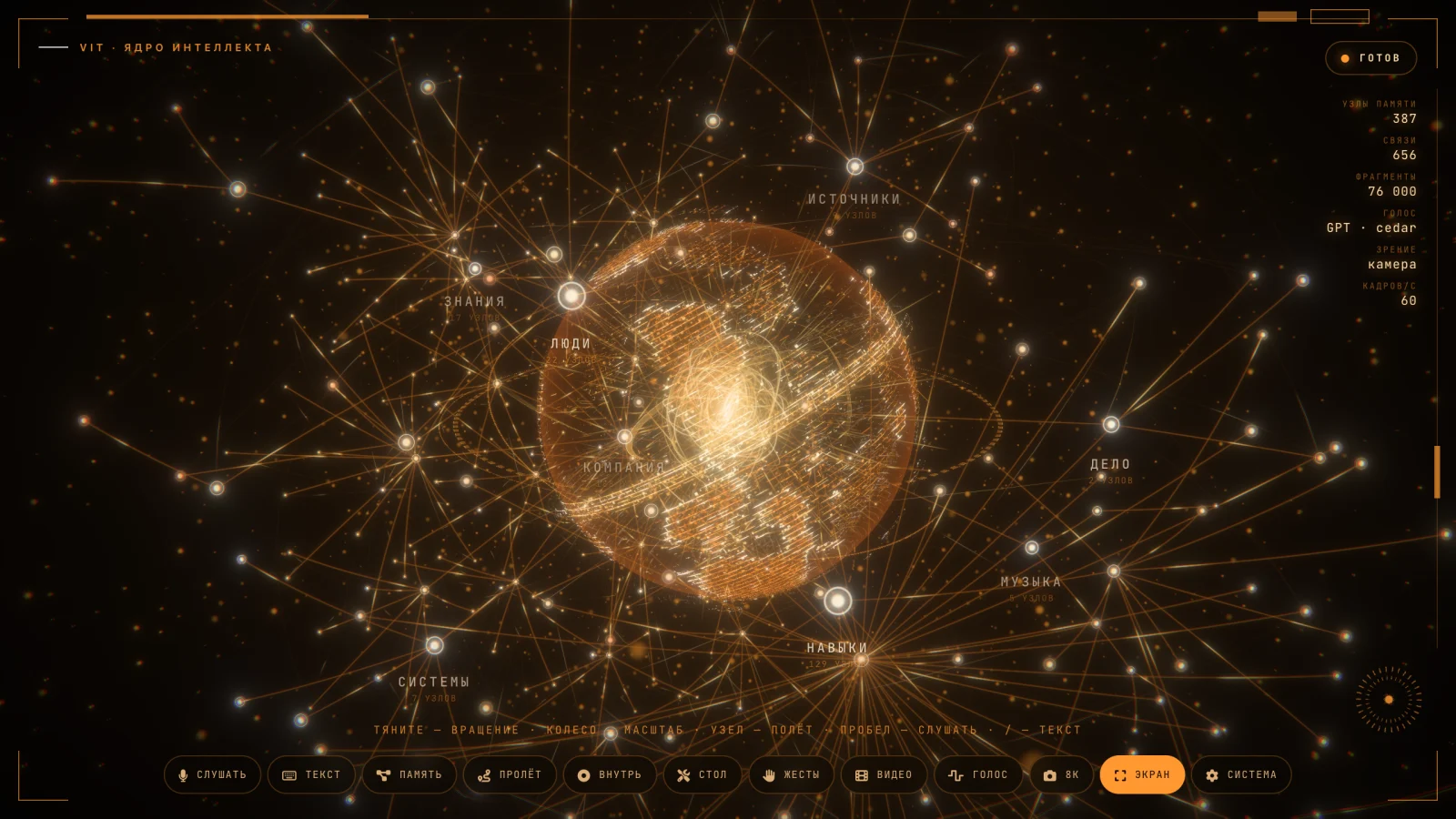 Planeta holográfico ámbar con un grafo de memoria de nodos y enlaces luminosos desplegado a su alrededor: la interfaz de VIT Intercore