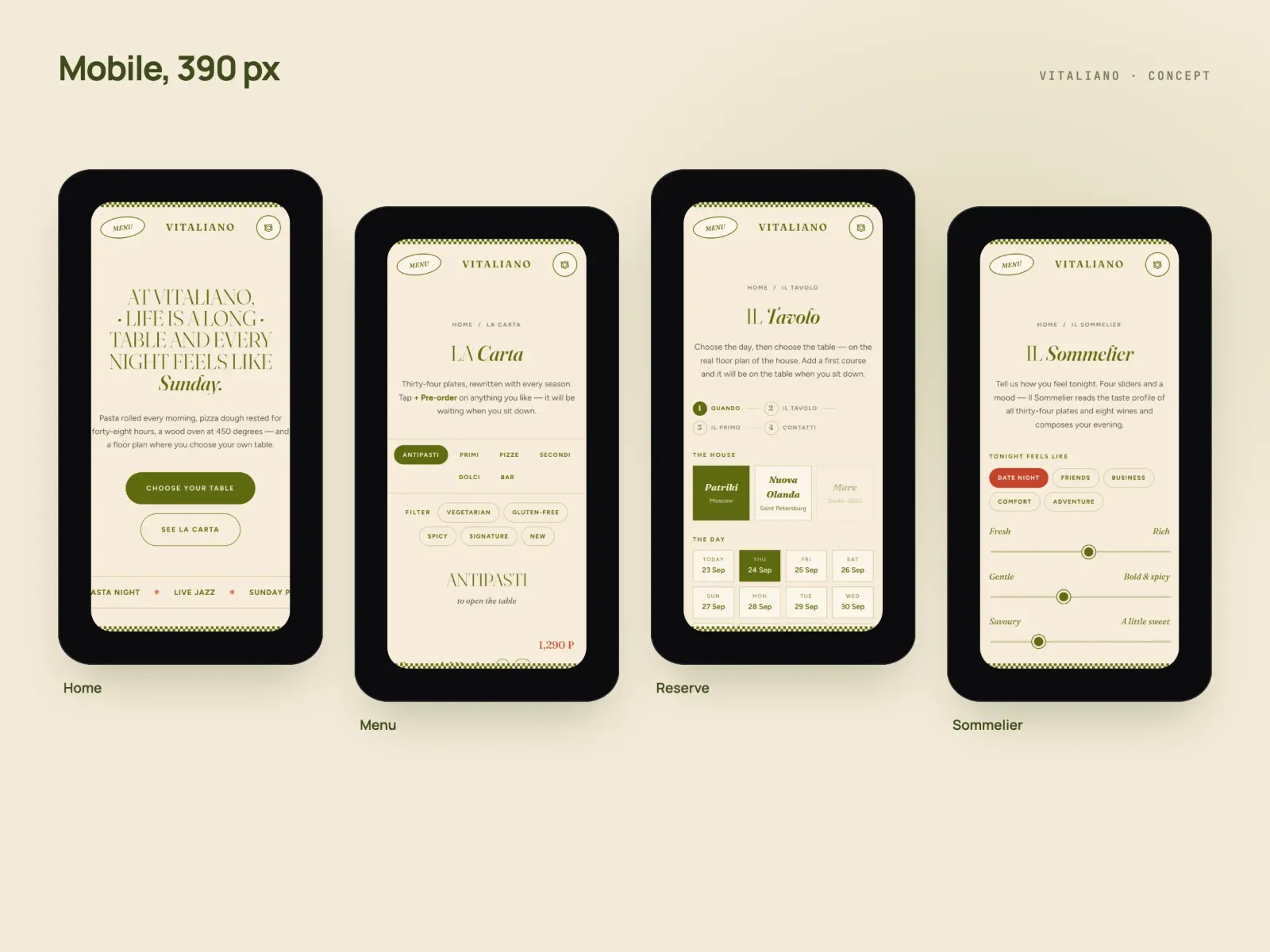 Four phone screens at 390 px: the VITALIANO home page, La Carta, Il Tavolo with the floor plan and Il Sommelier, all in cream and olive.