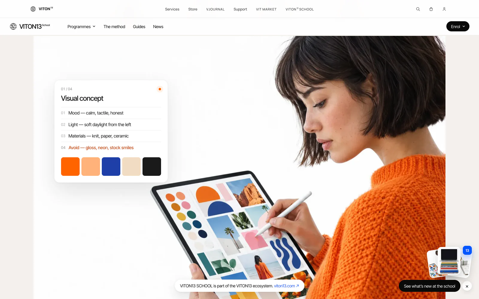 The Design in Artificial Intelligence showcase: an AI-generated photo of a woman in an orange sweater drawing a moodboard on a tablet, with a white floating panel, “Visual concept”, listing mood, light, materials and what to avoid above five colour swatches.