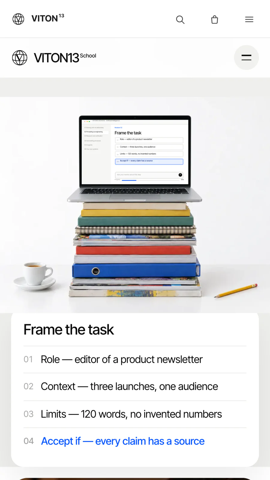 The Artificial Intelligence showcase on a 390 px phone: the laptop photo with the lesson on its screen and, beneath it, the same step, “Frame the task”, as a readable card with four numbered lines.