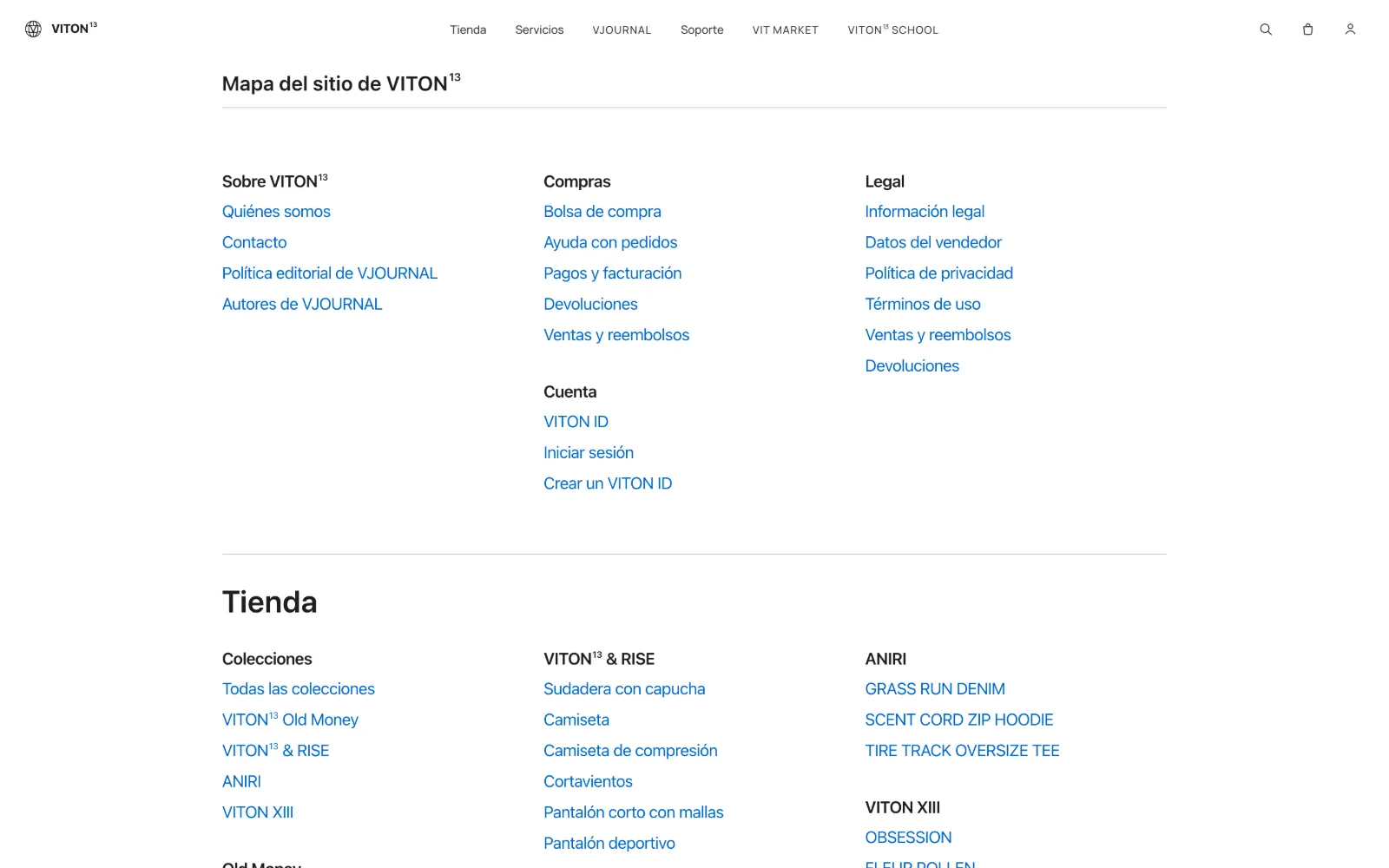 La página del mapa del sitio de VITON13 en viton13.com: columnas de enlaces sobre VITON13, compras, cuenta y documentos legales, con la sección de la tienda y sus colecciones debajo.