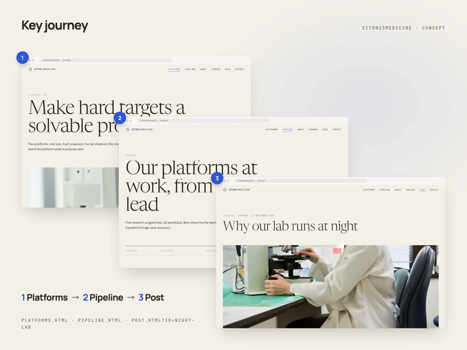 Three pages in browser frames joined by arrows: Platforms with the headline “Make hard targets a solvable problem”, Pipeline with a table of five programmes and blue and mint progress bars, and the post “Why our lab runs at night”.