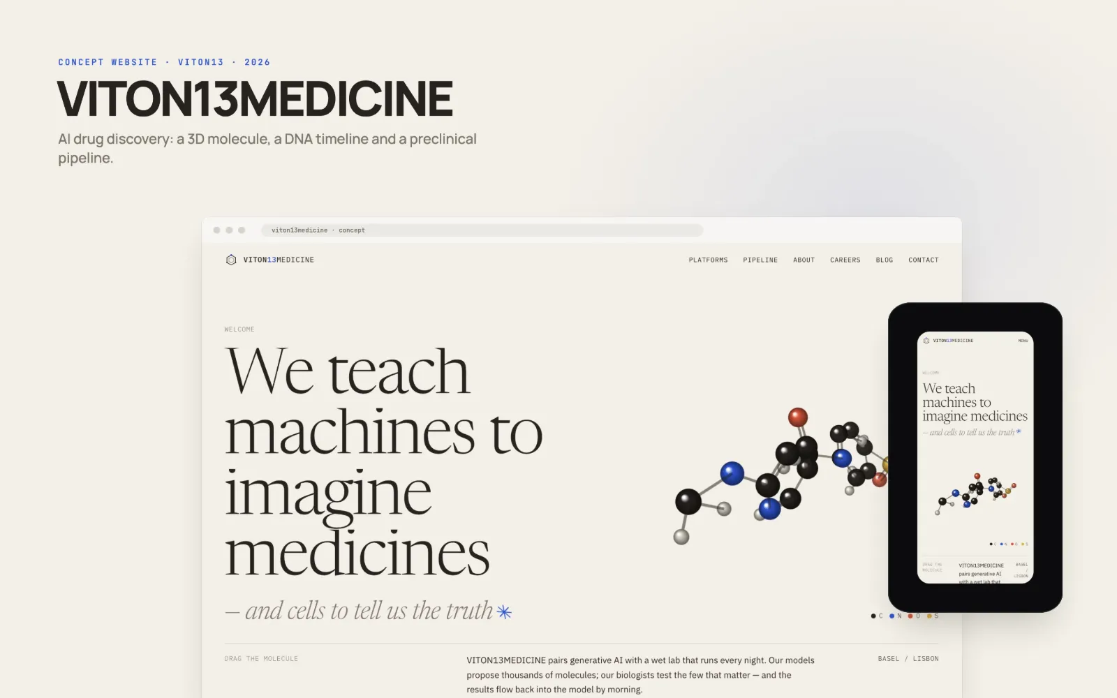 The VITON13MEDICINE home page in a desktop browser frame with the phone version beside it, on a warm off-white background with the site name: the serif headline “We teach machines to imagine medicines” next to a ball-and-stick molecule in black, blue, red and yellow.