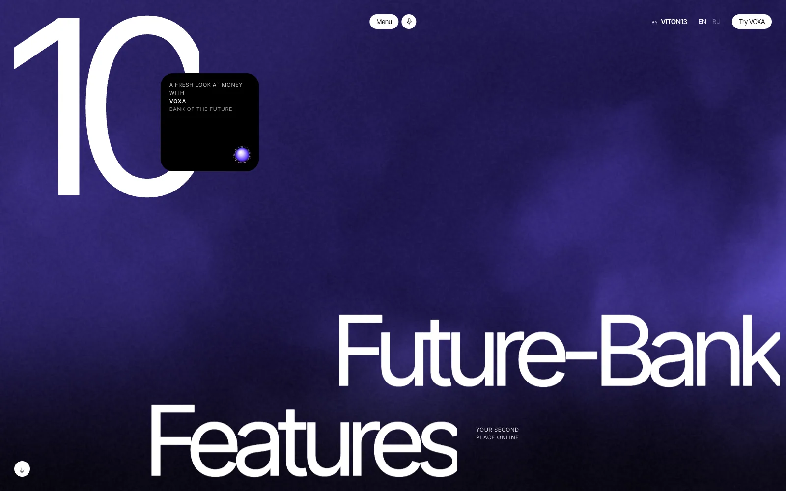 The VOXA intro: a white “10” on a violet gradient, a black card “A fresh look at money with VOXA” with a glowing orb, and the title “Future-Bank Features”.