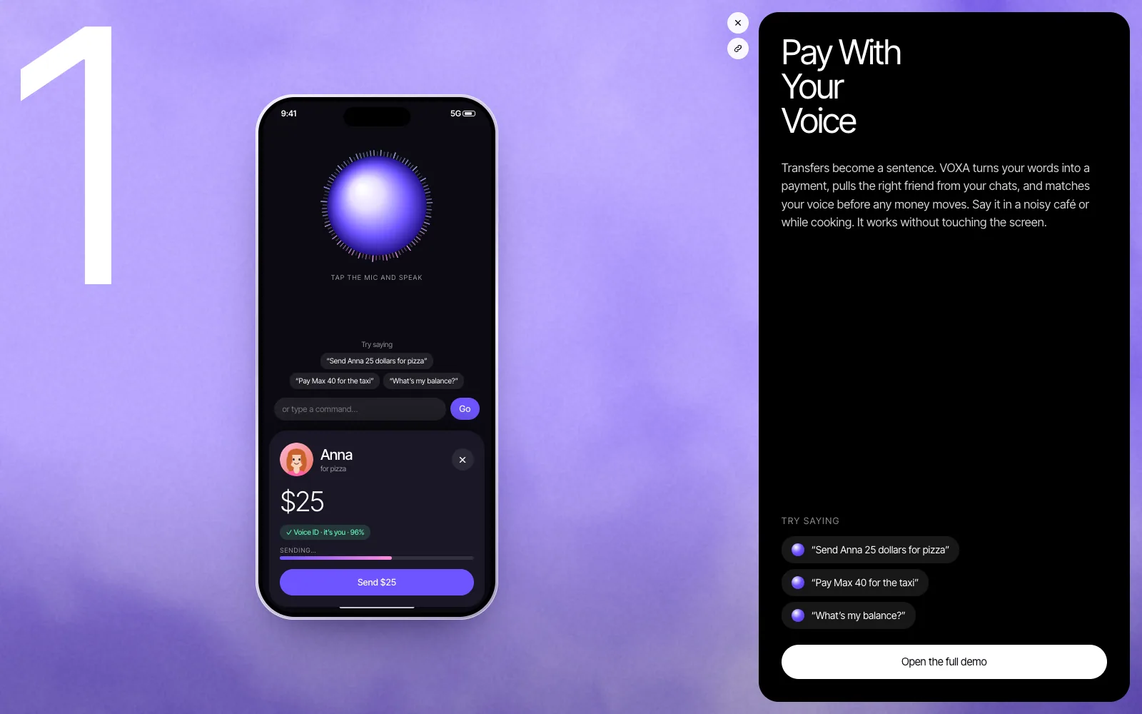 The voice-pay screen over a violet gradient: the phone shows Anna, $25 and a green “Voice ID · it’s you · 96%” badge with a sending bar; the feature text sits in a black panel on the right.