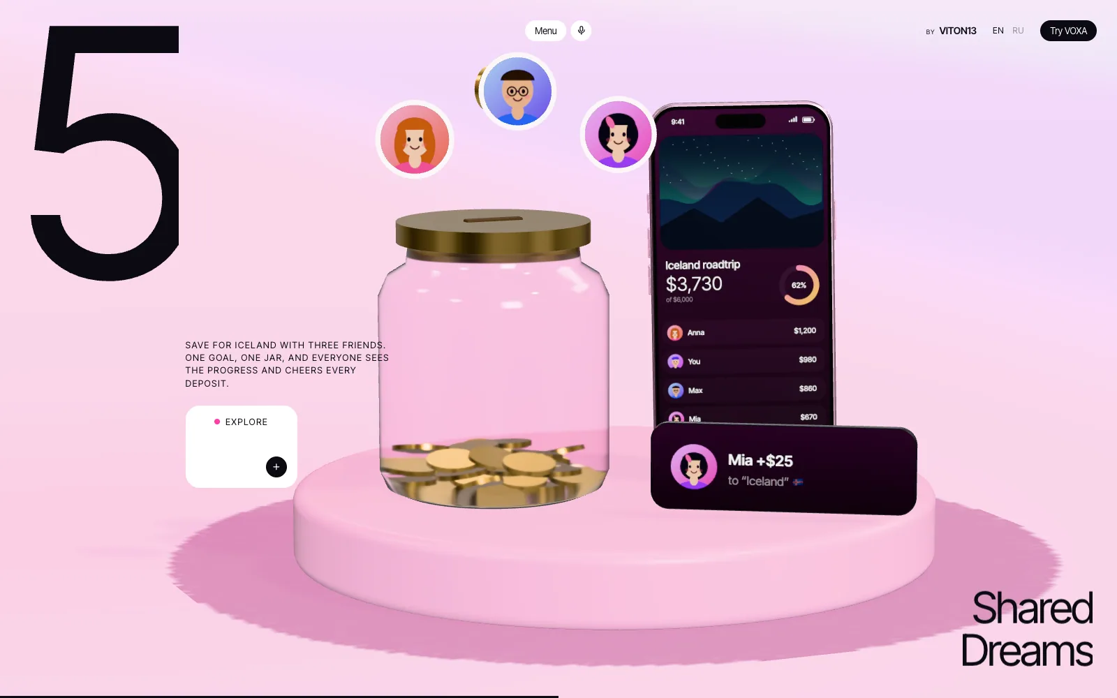 Slide five: a glass jar filling with gold coins, three friends’ portraits above it and a phone with the “Iceland roadtrip” dream at 62%, on a pink pedestal.