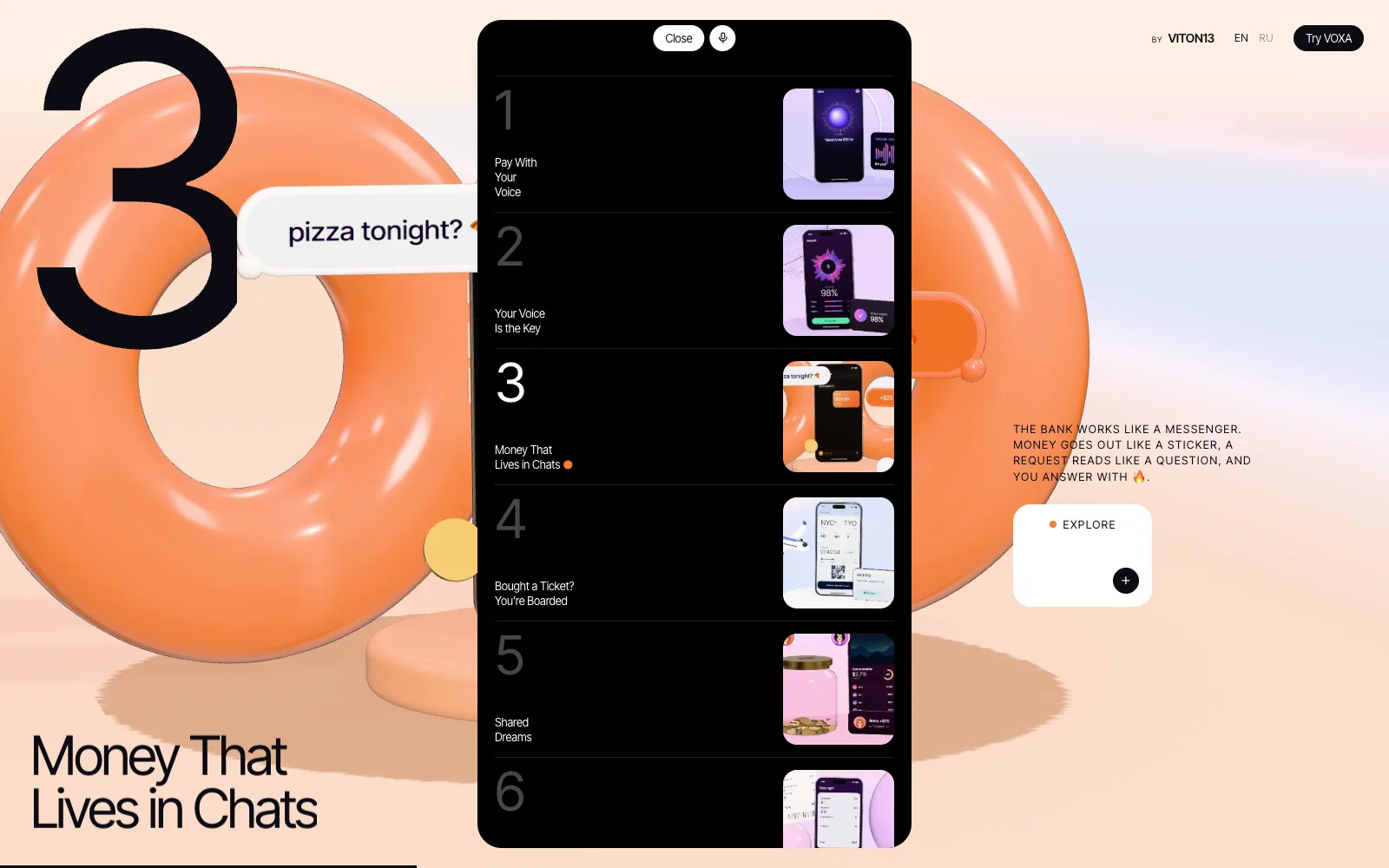 The menu open over the chats slide: a black panel lists the ten features with numbers and live thumbnails of the 3D scenes.