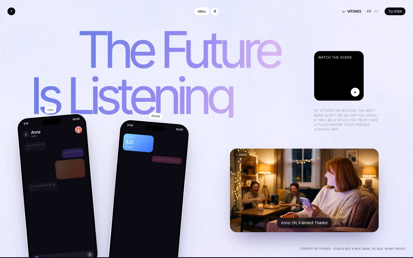 The closing scene: Alex’s phone with the money bubble in the chat and Anna’s phone with $25 received, next to a film frame of Anna laughing at her phone, subtitled “Oh, it landed! Thanks!”.