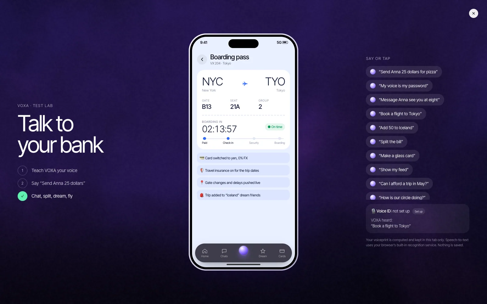 The test lab: steps on the left, a phone with a live NYC → TYO boarding pass, gate and countdown in the middle, and commands to say or tap on the right.