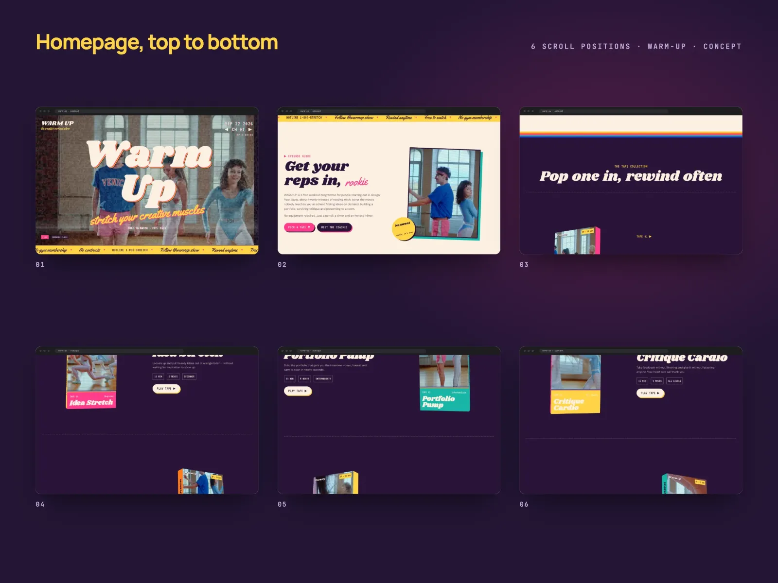 Six frames of the WARM UP home page from top to bottom: the TV with its channel display and retro title, then the episode guide, the 3D VHS sleeves and the hotline call-in form, in cream, plum, pink and yellow blocks.