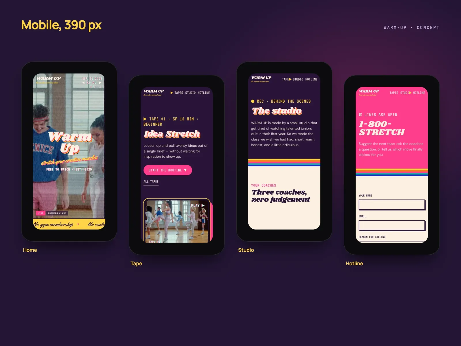Four phone screens of WARM UP at 390 px: the home-page TV, the Idea Stretch tape, the studio page and the hotline, in plum, pink, cream and yellow with VHS-style on-screen type.